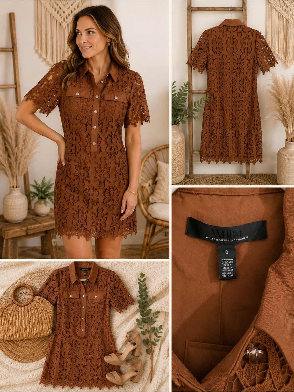 White House Black Market Brown Lace Short Sleeve Shirt Dress Size 0